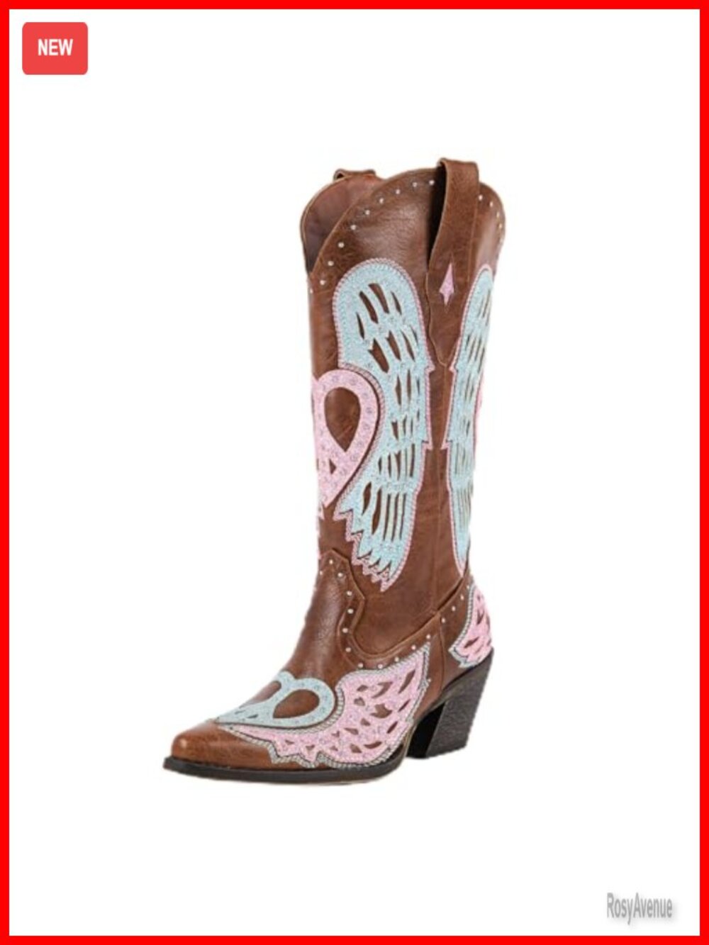 Western Cowgirl Boots Angel Wing Embroidery Mid Calf Pointed Toe Chunky Heel